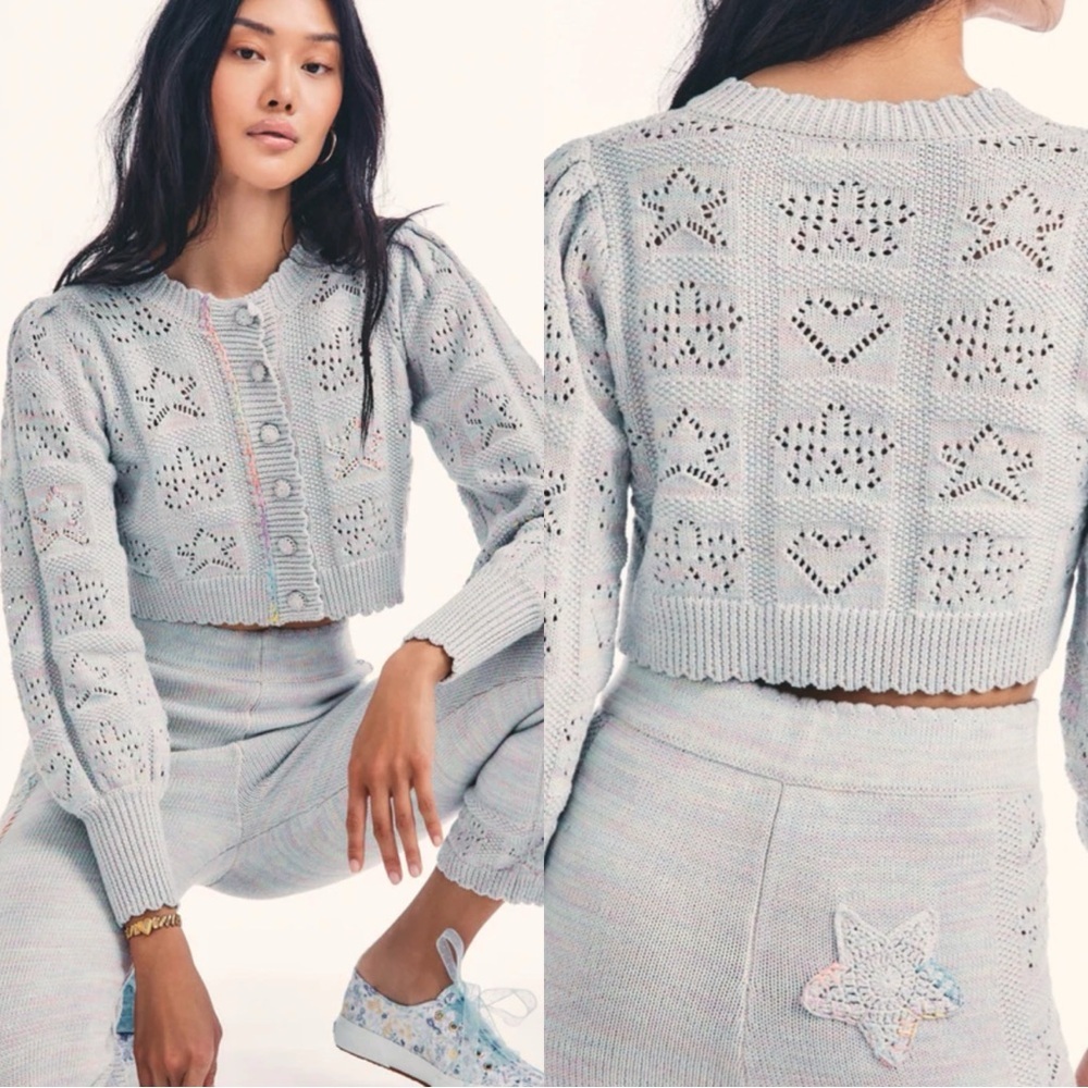 LOVESHACKFANCY Lata Crop Pastel Cable Knit Button Up Cardigan Sweater Top